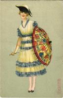 Esernyő hölgy. Olasz művészlap / Lady with umbrella. Italian art, Ufficio Revisione Stampa di Milano N. 3598. 925-2. s: Colombo (EK)