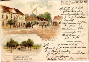 1899 (Vorläufer) Pöstyén, Pistyan, Piestany; Fürdő szálloda, kávéház / részlet az új parkból / spa, hotel, café, new park. Ritter &amp; Kloeden Art Nouveau litho (vágott / cut)