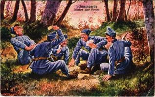 1915 Schnapspartie hinter der Front / WWI Austro-Hungarian K.u.K. military art postcard, soldiers playing cards (EK)