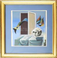 Farkas József (?-): Szürrealista kép. Tempera, karton. Jelezve jobbra lent. Üvegezett fakeretben. 28x26 cm