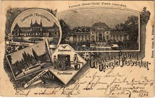 1905 Pöstyén, Pistyan, Piestany; Gyógyterem, Ferencz József fürdő, fürdők, fürdőkocsi. Gipsz H. kiadása / spa, bathouse, spa carriage. Art nouveau, floral (fl)