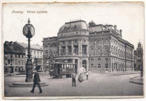 1918 Pozsony, Pressburg, Bratislava; Városi színház, villamos, óra, Bohr Ernő üzlete / theatre, tram, clock, shop (kopott élek / worn edges)