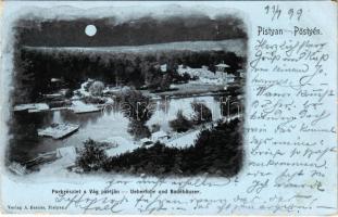 1899 (Vorläufer) Pöstyén, Piestany; Park részlet a Vág partján, komp. A. Bernas kiadása / Váh riverside, park, ferry (kopott élek / worn edges)