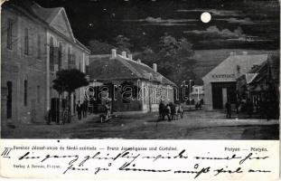 1901 Pöstyén, Piestany; Ferencz József utca és Fürdő szálloda, kávéház, éjszaka. A. Bernas kiadása / street view, spa hotel, café, at night (EB)