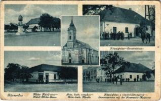 Bácsordas, Karavukova, Karavukovo; Községháza, Hitler Adolf utca, Római katolikus templom, Tűzoltólaktanya / town hall, street, church, fire station (Rb)