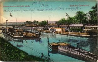 1910 Gombos, Bogojeva; Gőzkomp Gombos és Erdőd között, gőzmozdony / steam ferry with locomotive between Bogojevo and Erdut, train transporting ferry + &quot;SZEGED - ESZÉK 30&quot; vasúti mozgóposta (EK)