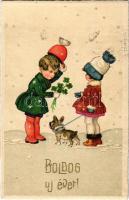 1933 Boldog Újévet / New Year greeting art postcard with children, dog and clovers. ERIKA Nr. 5000. (EK)