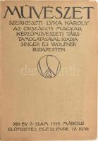 1914 Művészet XIII. évf. 3. sz. 1914. március. Szerk.: Lyka Károly. Az Országos Magyar Képzőművészeti Társulat támogatásával kiadja Singer és Wolfner. Bp., Pallas-ny., 93-144 p. Fekete-fehér képekkel, reprodukciókkal illusztrálva. Kiadói tűzött papírkötés, kissé sérült borítóval.