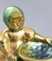 Zsolnay kisplasztika - üldögélő kendős kislány kosárral. Terv.: Sinkó András, eozin mázakkal festett...