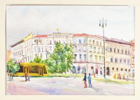 Olvashatatlan jelzéssel, XXI. sz. eleje: Oktogon, Budapest. Akvarell, papír, kissé laza paszpartuban, 41x58,5 cm.