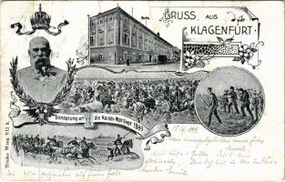 1899 (Vorläufer) Klagenfurt (Kärnten), Burg. Erinnerung an die Kaiser-Manöver 1899 / In memory of the royal maneuvers and the presence of his Majesty the Emperor Franz Joseph I of Austria. Art Nouveau, floral (fa)