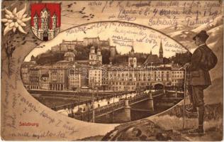 1915 Salzburg, bridge, tram, castle. Art Nouveau frame with coat of arms and hiker (EK)