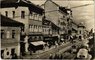 1959 Miskolc, utca, autóbusz, villamos, gyógyszertár. Képzőművészeti Alap (gyűrődés / crease)