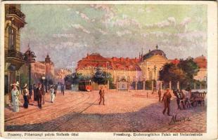 Pozsony, Pressburg, Bratislava; Főhercegi palota Stefánia úttal, villamos / archduke&#039;s palace, street view, tram. B.K.W.I. 386-11. s: Marx Béla (EM)