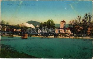 1915 Zsolna, Sillein, Zilina; Vág részlet, Budatin vár, vasúti híd, gőzmozdony, vonat. Vasúti levelezőlapárusítás / Váh riverside, castle, railway bridge, locomotive, train (EK)