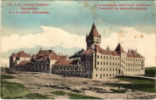 1913 Hajmáskér, Cs. és kir. tüzérségi lövőiskola, a parancsnoksági épület északi homlokzata. Simon Ferenc kiadása (fl)