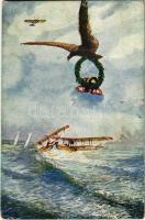 1917 &quot;Dem Freunde Schutz!&quot; (Vom Feinde bedroht, rettet k.u.k. Lschfslt. Konjevic seine Kameraden), Seeflugzeug / WWI Austro-Hungarian Navy art postcard, seaplane, naval aircraft. &quot;Unsere K.u.K. Kriegsmarine&quot; P.U.G. Nr. F. 103. s: P. Jaritz (EK)