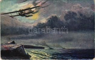 1918 Nächtlicher Wachdienstvor dem Heimatshafen, Seeflugzeug. Unsere K.u.K. Kriegsmarine P.U.G. Nr. F. 124. / Austro-Hungarian navy postacard, seaplane, hydroplane s: P. Jaritz + &quot;S.M.S. &quot;Schwarzenberg&quot; (EK)