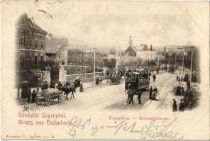 1900 Sopron, Oedenburg; Kossuth út feldíszített magyar címeres villamossal, lovaskocsi. Kummert L. kiadása (fl)