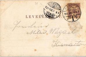 1900 Sopron, Oedenburg; Kossuth út feldíszített magyar címeres villamossal, lovaskocsi. Kummert L. k...