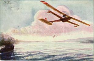 1917 Rückkehr mit wichtiger Meldung. Seeflugzeug. Unsere K.u.K. Kriegsmarine P.U.G. Nr. F. 121. / Austro-Hungarian navy postacard, seaplane, hydroplane s: P. Jaritz + &quot;K.u.k. 9 cm L 45 Lfa. Kan. Batt. Maddalena&quot;