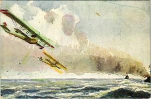 1917 K. und k. Seeflugzeug im Kampfe mit feindlichen Torpedobooten, Seeflugzeug. Unsere K.u.K. Kriegsmarine P.U.G. Nr. F. 114. / Austro-Hungarian navy postacard, seaplane, hydroplane s: P. Jaritz + &quot;ZENSURIERT S.M.S. &quot;Viribus Unitis&quot; (EK)