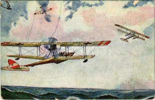 1917 K. und k. Seeflugzeuge im Kampfe mit feindlichen Fliegern im Golfe von Triest! Unsere K.u.K. Kriegsmarine P.U.G. Nr. F. 112. / Austro-Hungarian navy postacard, seaplane, hydroplane s: P. Jaritz (EK) + &quot;S.M.S. &quot;ZARA&quot;