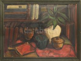 Máthé Ilona (a nagybányai Szépművészeti Iskolában tanult 1936-ban): Csendélet virágokkal és könyvekkel. Olaj, vászon, jelezve jobbra lent. Dekoratív fakeretben. 65x8 cm / oil on canvas, signed, framed