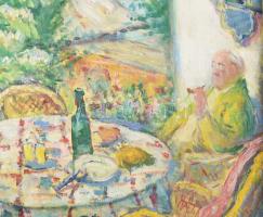 jelzés nélkül, ismeretlen magyar festő, XX. sz első fele-közepe: Nyári szieszta a teraszon kutyával....