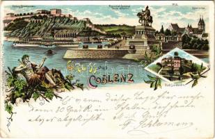 1899 (Vorläufer) Koblenz, Coblenz; Provinzial-Denkmal Kaiser Wilhelm I, Festung Ehrenbreitstein, Castorkirche, Fort Constantin. Art Nouveau, floral, litho (EB)