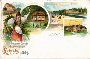 1897 (Vorläufer!) Leipzig, Sächsisch-Thüringische Industrie &amp; Gewerbe Ausstellung zu Leipzig 1897. Ansichten aus dem Dorf, Bauernhaus, Brücke, Mühle, Thüringer Waldhütte. Officielle Postkarte No. 7. Kunstanstalt Louis Glaser Art Nouveau, litho (EK)