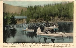 1904 Tusnád-fürdő, Baile Tusnad; Csukástó, Bálint és Neptun csónakok. Adler Alfréd fényképész / Hechtteich / Lacul Ciucas / lake