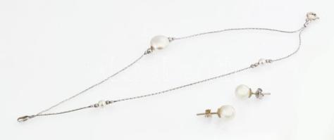 Ezüst(Ag) karkötő gyöngy díszítéssel + gyöngy fülbevalópár, jelzett, h: 18 cm, bruttó: 3,7 g