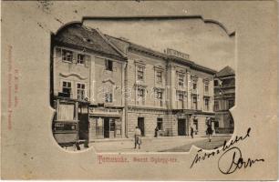 1902 Temesvár, Timisoara; Szent György tér, Lenz J. kávéháza, szállodája és sörcsarnoka, Rosner Márk üzlete, villamos. Polatsek kiadása / square, hotel, beer hall and cafe, tram, shop