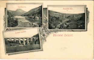 1904 Csík vármegye, Comitatul Ciuc; Gyilkos-tó, Ladoki viadukt, Karakkói vasúti híd. Adler fényirda / Lacul Rosu, Podul Caraco / lake, railway bridge, viaduct. Art Nouveau, floral