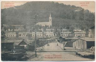 1910 Anina, Stájerlakanina, Steierdorf; Fő utca, templom, iparvasút, vonat. Hubert Zsigmond kiadása, leporellolap 10 mini képpel / main street, church, industrial railway, train. Leporellocard with 10 mini pictures (kis szakadás / small tear)