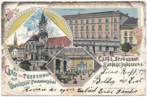 1902 Pozsony, Pressburg, Bratislava; Fő tér, városháza, Strössner kávéház és belseje, biliárd asztalok. Schneider &amp; Lux No. 1532. / main square, town hall, cafe interior, pool tables. Art Nouveau, floral, litho (r)