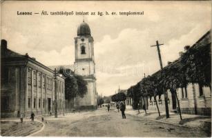 1913 Losonc, Lucenec; Állami tanítóképző intézet, ágostai hitvallású evangélikus templom. Greiner Simon kiadása / teachers training institute, Lutheran church