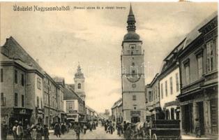 1906 Nagyszombat, Tyrnau, Trnava; Hosszú utca és városi torony, kávéház, Assecuranz biztosítás, Karner üzlete. Fischer Hugó kiadása / street, tower, cafe, shop, insurance company