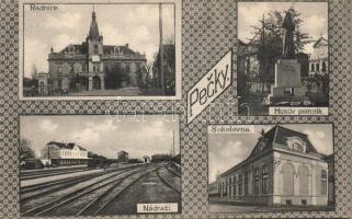 Pecky with sokolovna, railway station and the statue of Jan Hus