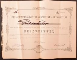 Cegléd 1874. &quot;Czeglédi Önsegélyező Takarékmagtár és Olvasóegylet&quot; névre szóló részvénye 30Ft és három pesti mérő különnemű gabona értékben, bélyegzéssel T:F