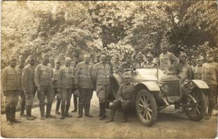 1915 Osztrák-magyar katonák automobillal / WWI Austro-Hungarian K.u.K. military, soldiers with automobile. photo + &quot;Kais. u. Königl. Infanterieregiment Ritter von Auffenberg Nr. 64.&quot; (EK)