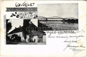 1900 Tiszaújlak, Vulok, Vilok, Vylok; Kincstári Tisza híd, M. kir. sóhivatal. Grün Henrik kiadása / Tisa bridge, salt mine office. Art Nouveau, floral (EK)