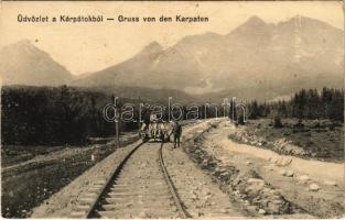 Kárpátok, vasúti sín és hajtány. Nagy Albert kiadása Munkács / railway track with draisine (EK)