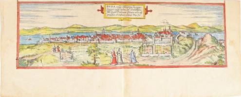 Buda nyugati nézetű látképe. Buda vulgo Ofen...  Megjelent: Braun, G. ? Hogenberg, F.: Civitates orbis terrarum. című művében Kölnben, 1572-ben, Béccsel közös lapon. 47,5x14,5 cm