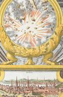 Buda és Pest színezett rézmetszetű látképe. 
Részlet a budai lőportorony felrobbanását ábrázoló all...