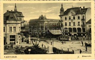 1941 Nagyvárad, Oradea; Bémer tér, villamos, Általános Hitelbank, Pesti Magyar Kereskedelmi Bank / square, tram, banks