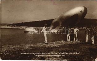 1917 Vernichtung des italienischen Marine Luftschiffes &quot;Cittá di Jesi&quot; abgeschossen vor Pola am 5/8 1915. K.u.K. Kriegsmarine / WWI Austro-Hungarian Navy, Italian Navy airship &quot;Citta di Ferrara&quot; destroyed by an Austro-Hungarian Navy seaplane, naval aircraft. R. Marincovich