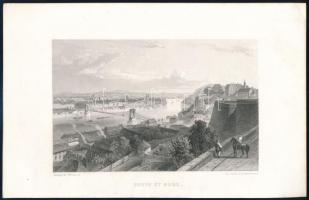 1859 Adolphe Rouargue (1810?-1870) - Eduard Willmann (1820-1877): 'Pesth et Bude.' Pest és Buda látképe, In: Voyage pittoresque en Allemagne partie meridionale (Paris, 1859), acélmetszet, papír, jelzett a nyomaton, paszpartuban, 11x17,5, lap: 17x26 cm, 26x35 cm