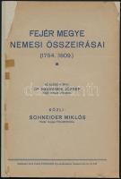 Schneider Miklós: Fejér megye nemesi összeirásai (1754. 1809.) Dr. Havranek József előszavával. Székesfehérvár, 1934, szerzői kiadás (Számmer Imre Utóda Pannonia-ny.), 71 p. Papírkötésben, javított borítóval, belül jó állapotban.